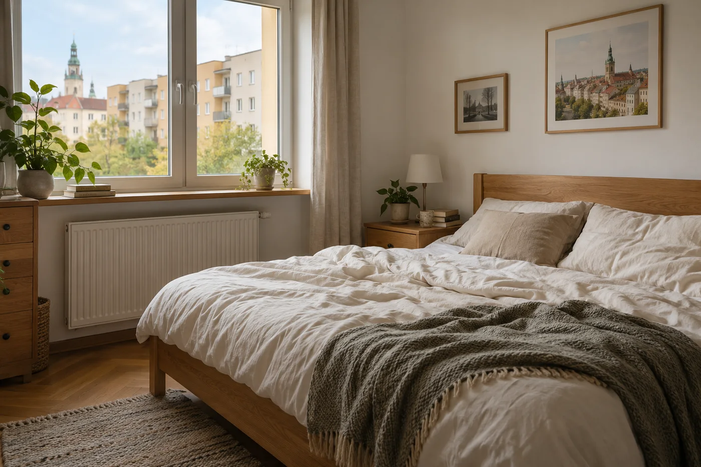 Sypialnia z drewnianym łóżkiem i jasną pościelą