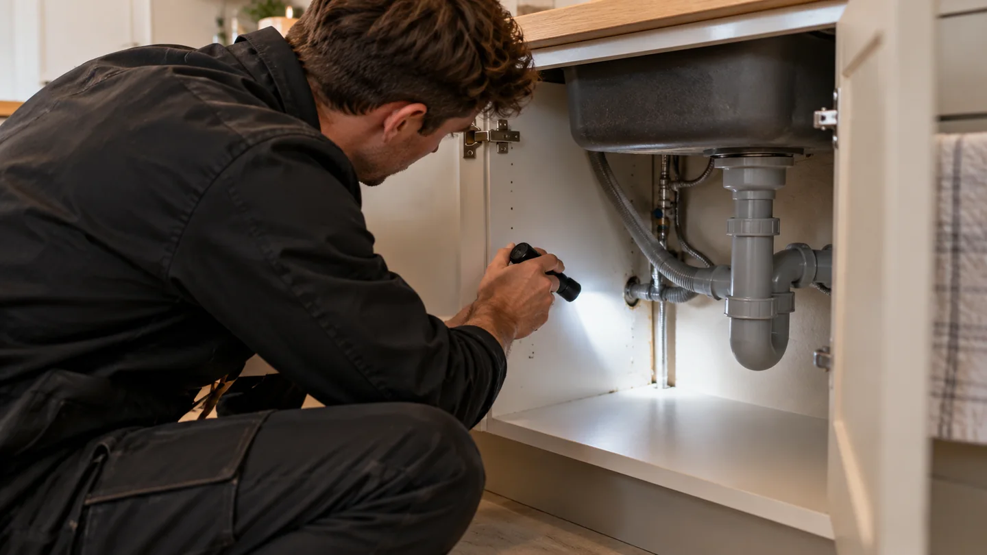Technik oglądający latarką rury i przejścia instalacyjne pod zlewem