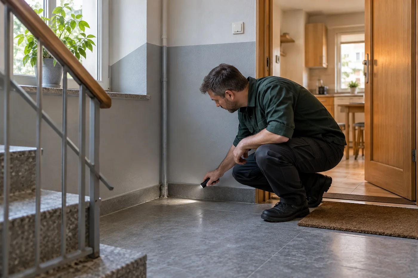 Technik oglądający dostępny narożnik części wspólnej