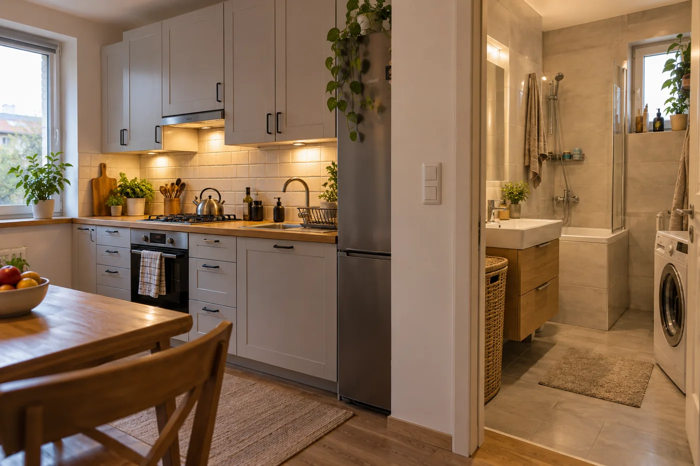 Przykładowa kuchnia i sąsiadująca łazienka