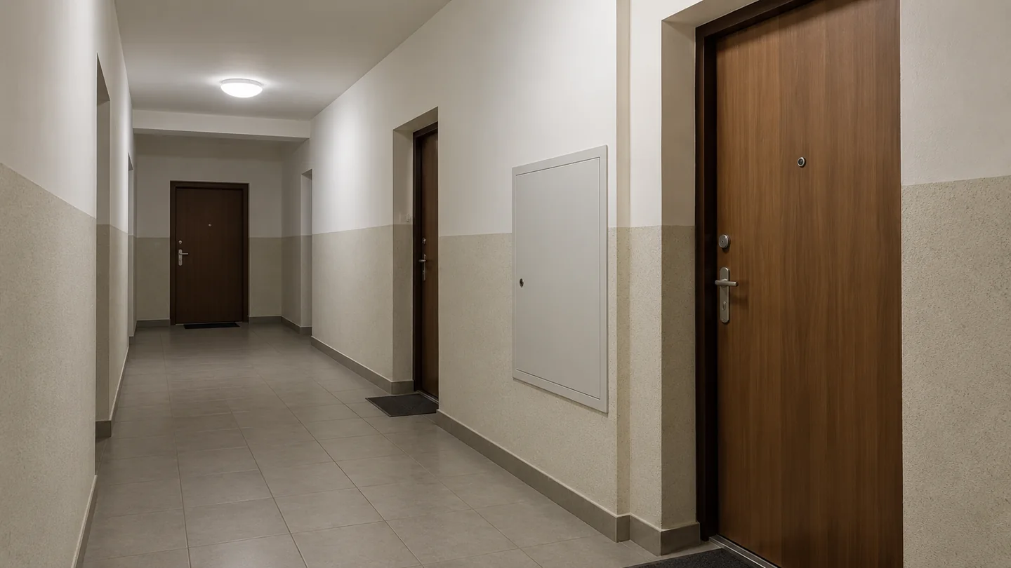 Korytarz budynku wielorodzinnego z drzwiami do mieszkań i zamkniętą rewizją techniczną
