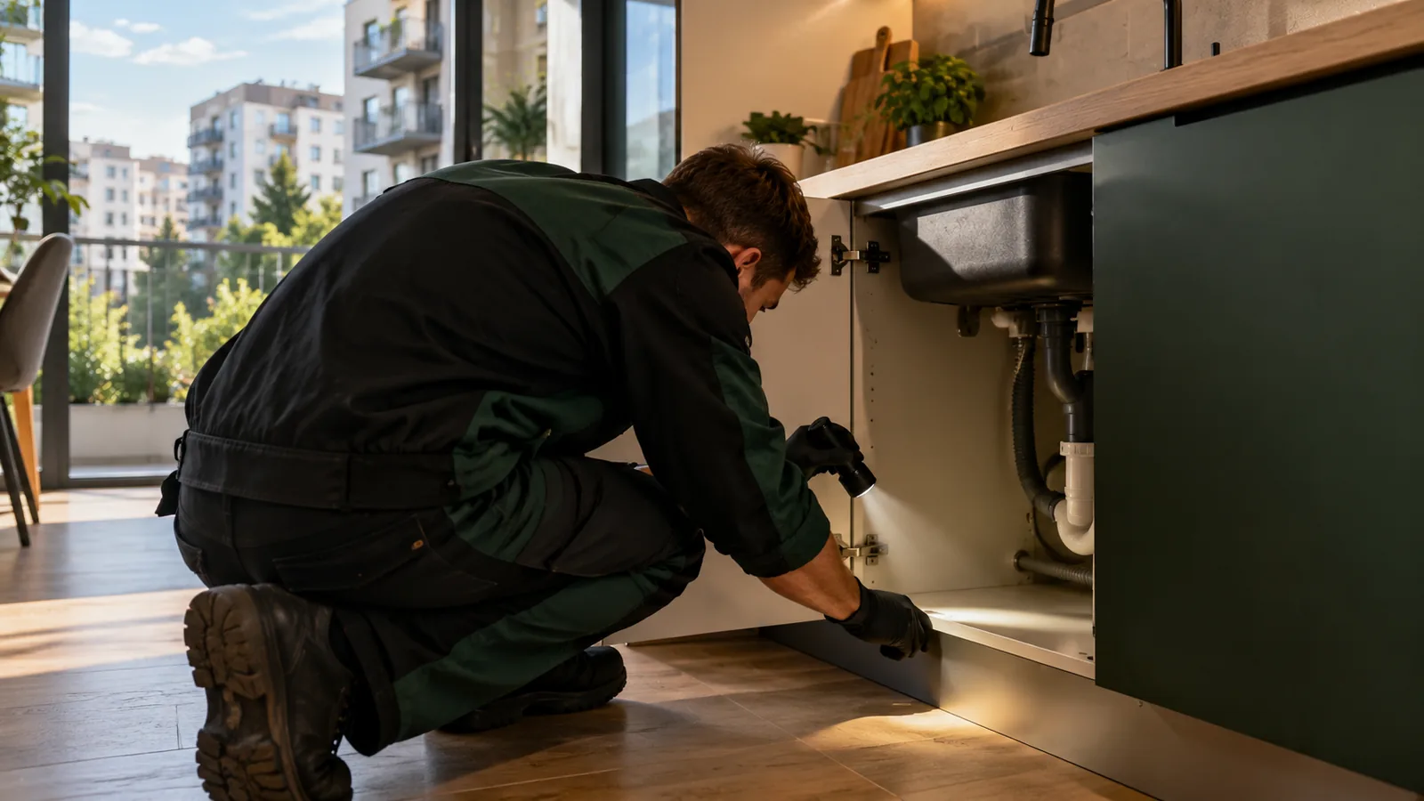 Technik z latarką sprawdzający przyłącza i przestrzeń pod zlewem