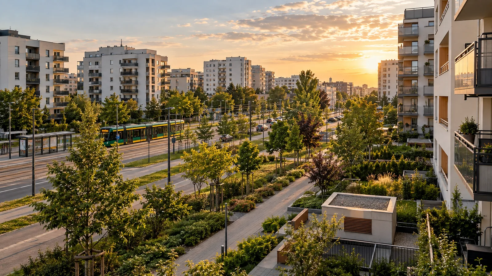 Zabudowa wielorodzinna i tramwaj w otoczeniu osiedlowej zieleni