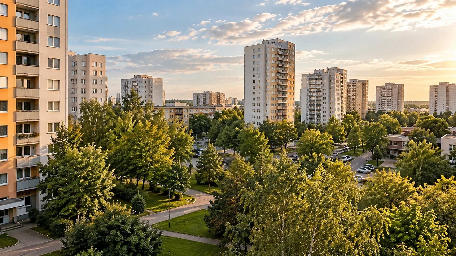 Bloki i wieżowce otoczone zielenią osiedlową