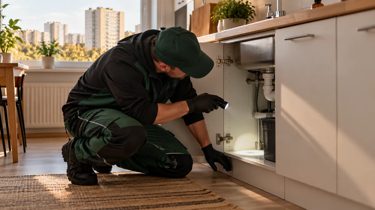Technik sprawdzający latarką instalację pod zlewem