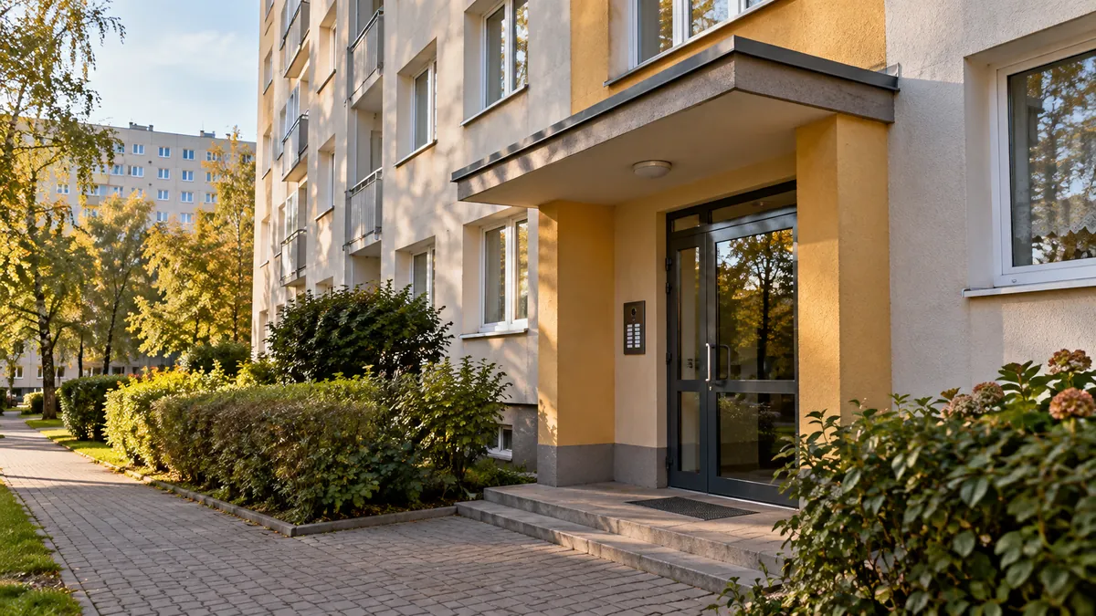 Wejście do bloku mieszkalnego otoczone osiedlową zielenią
